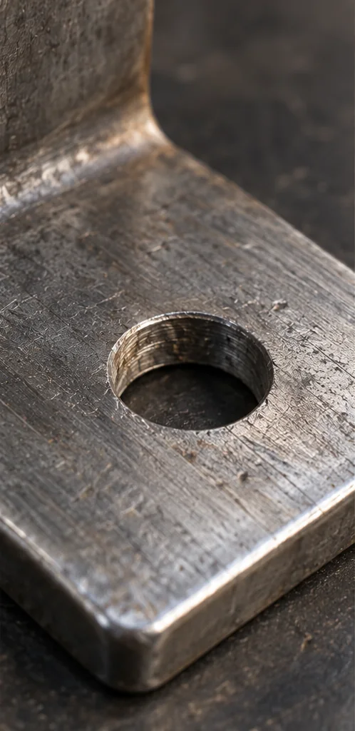AI-generated close-up example of a bracket’s hole and surface detail; not Deron’s work